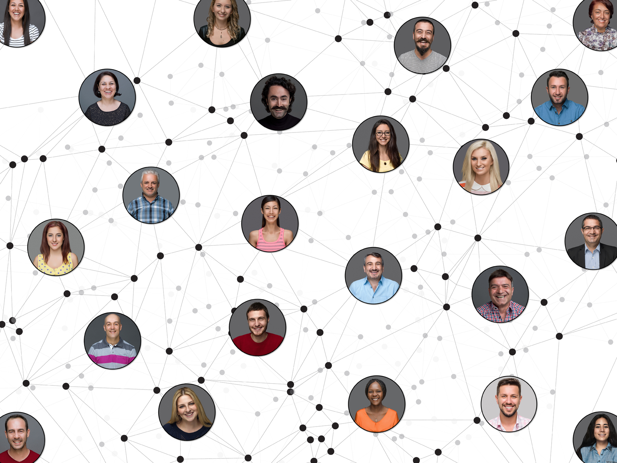 A network of diverse people connected by lines and nodes, representing a community linked through shared data and research.