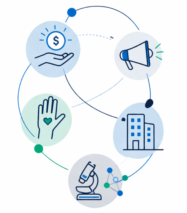Minimal illustration showing five connected ways to support MS research: donating, fundraising, volunteering, research participation, and corporate support, represented by simple icons linked in a circular network.