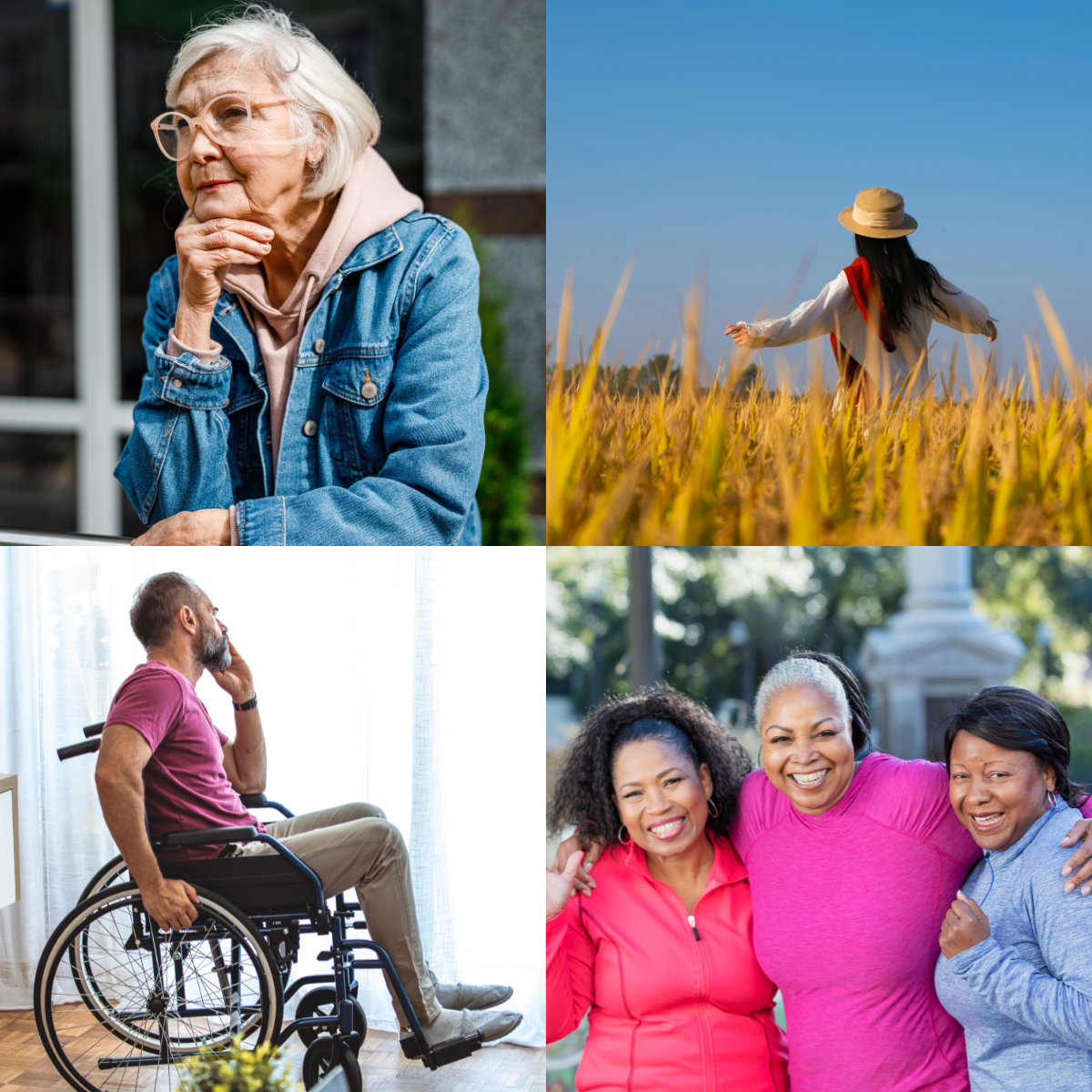 Collage of photos: senior woman sitting on a bench thinking, a woman looking out an a rural open field, a man in a wheelchair looking out his window, and a group of three Black women with their arms around each other.