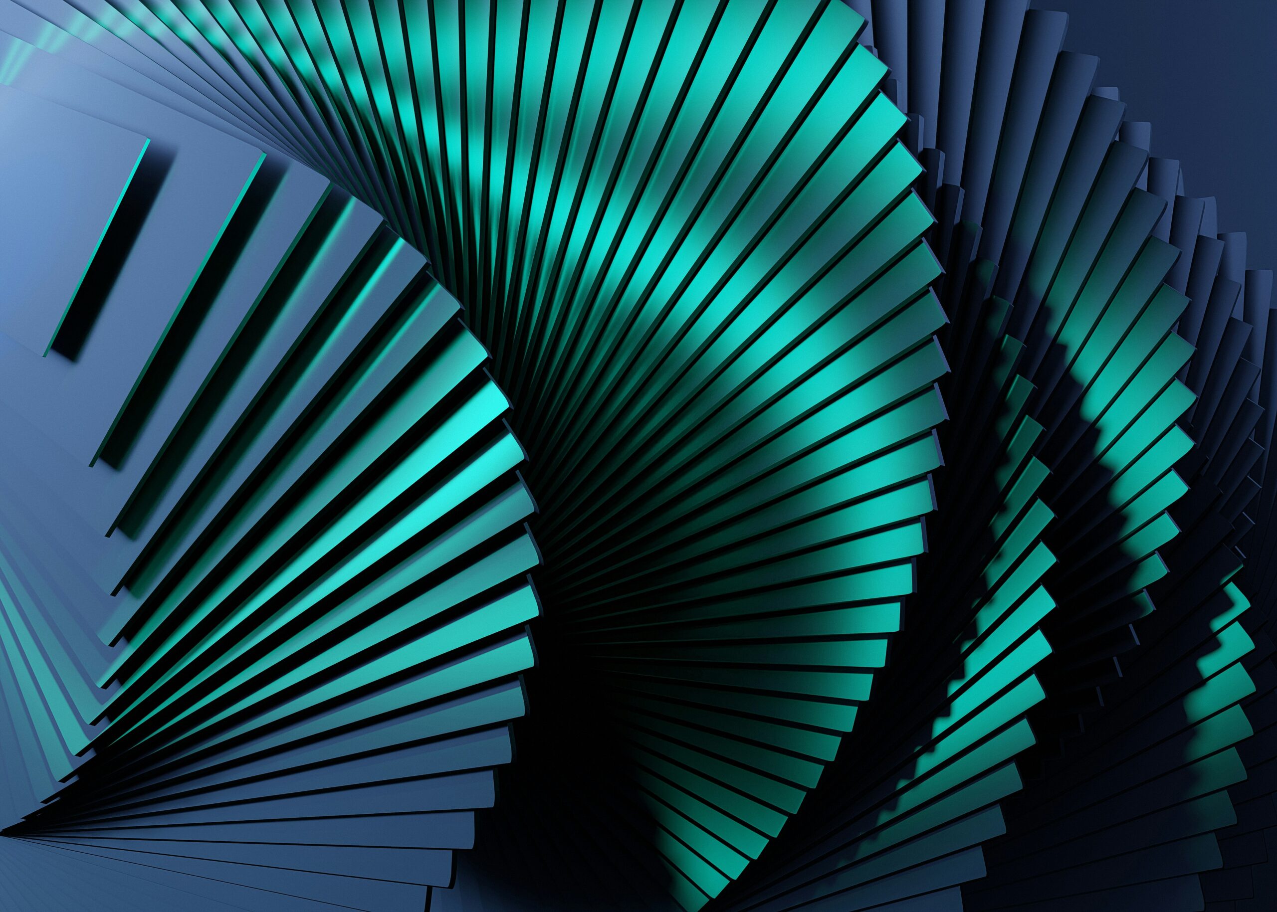 an abstract image of blue and green paper stacked in a spiral motion