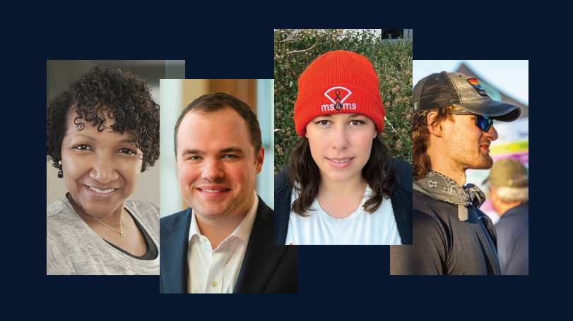 Four portraits of individuals connected to ACP (a person living with MS, a researcher, a member of the RIDE Council, and a volunteer fundraiser)