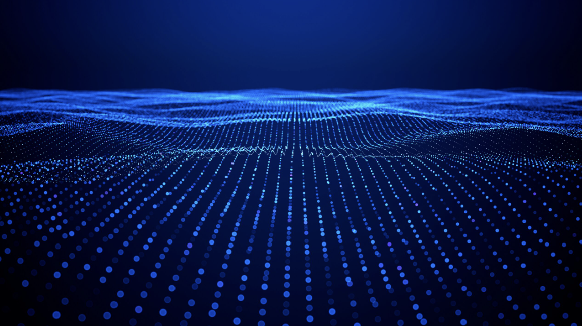 Abstract image of thousands of neon blue dots connecting in a grid on a dark blue background.