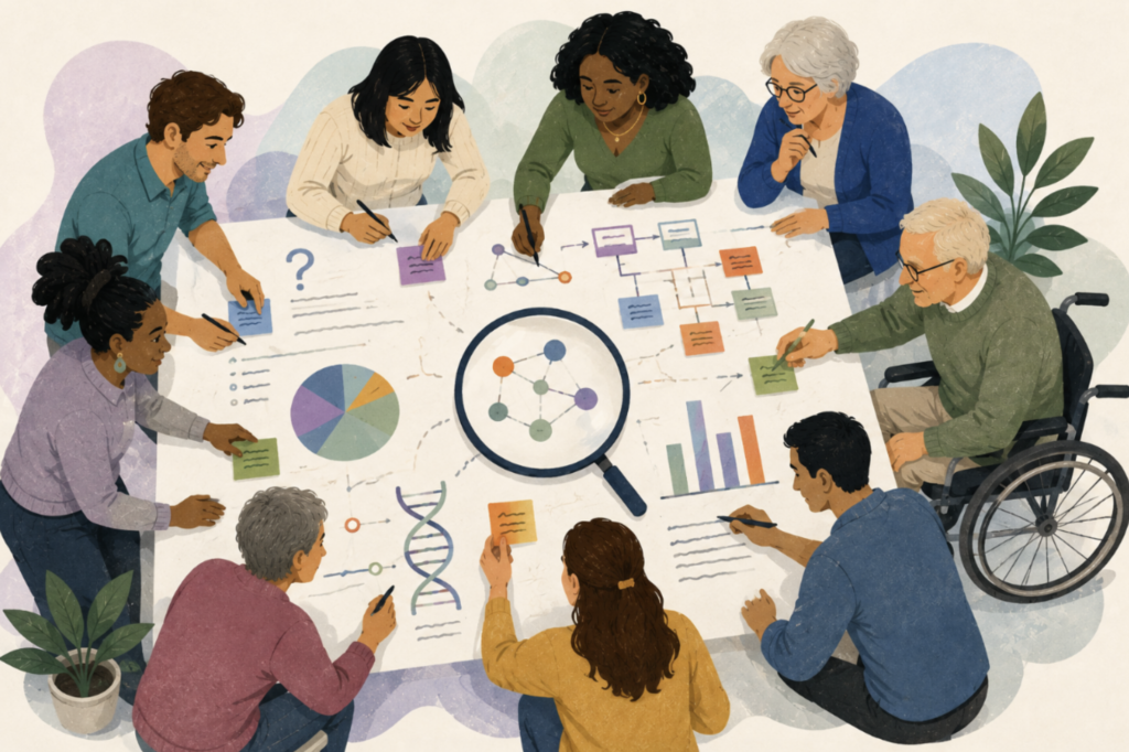 Illustration of a group of diverse people sitting around a table working together on a project.