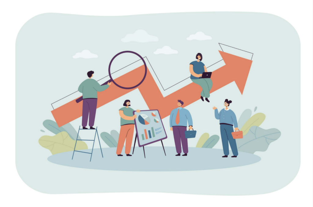Illustration of a group of people around an arrow pointing upward to illustrate growth