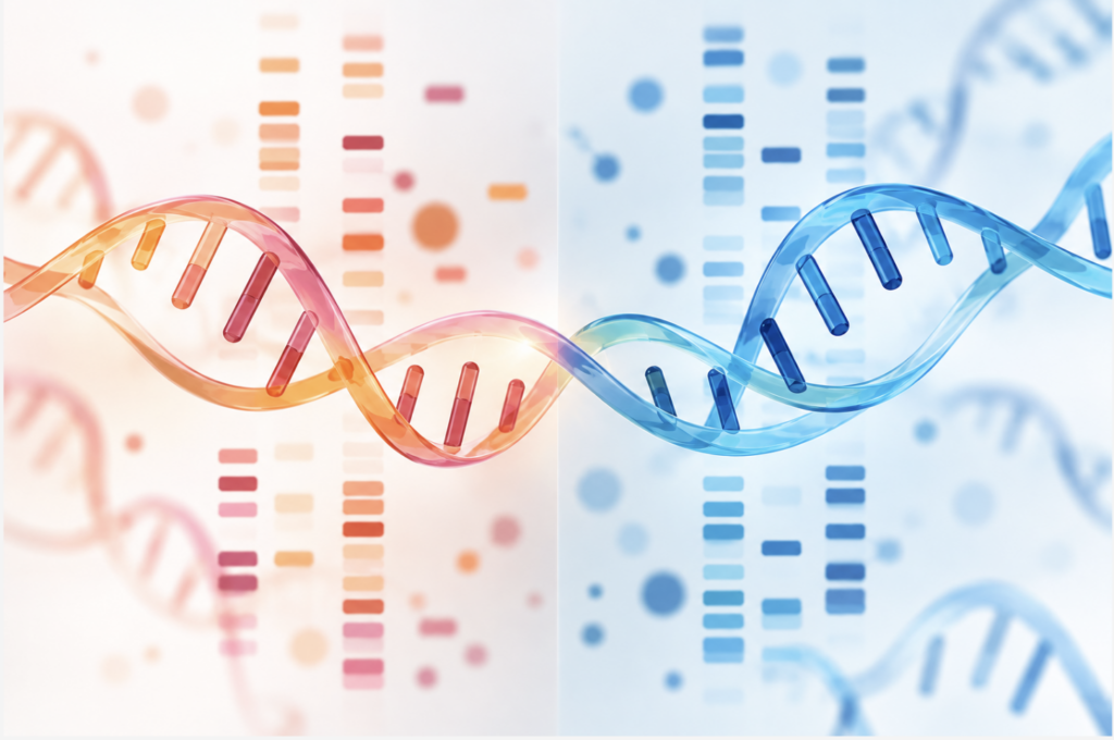 Illustration of a DNA strand that is half pink and orange and half shades of blue (to signify male v. female)